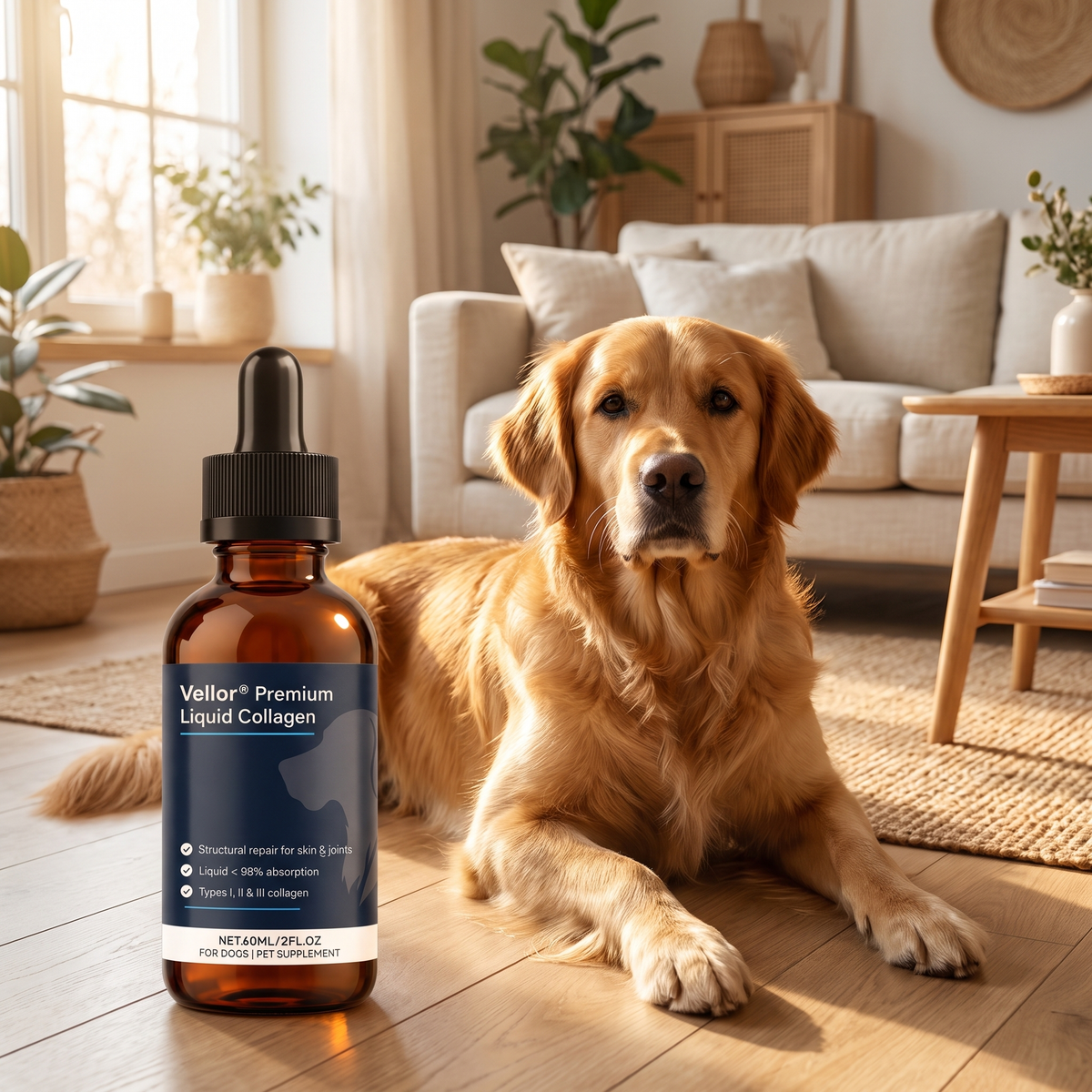 Golden retriever next to a bottle of Vellor liquid collagen