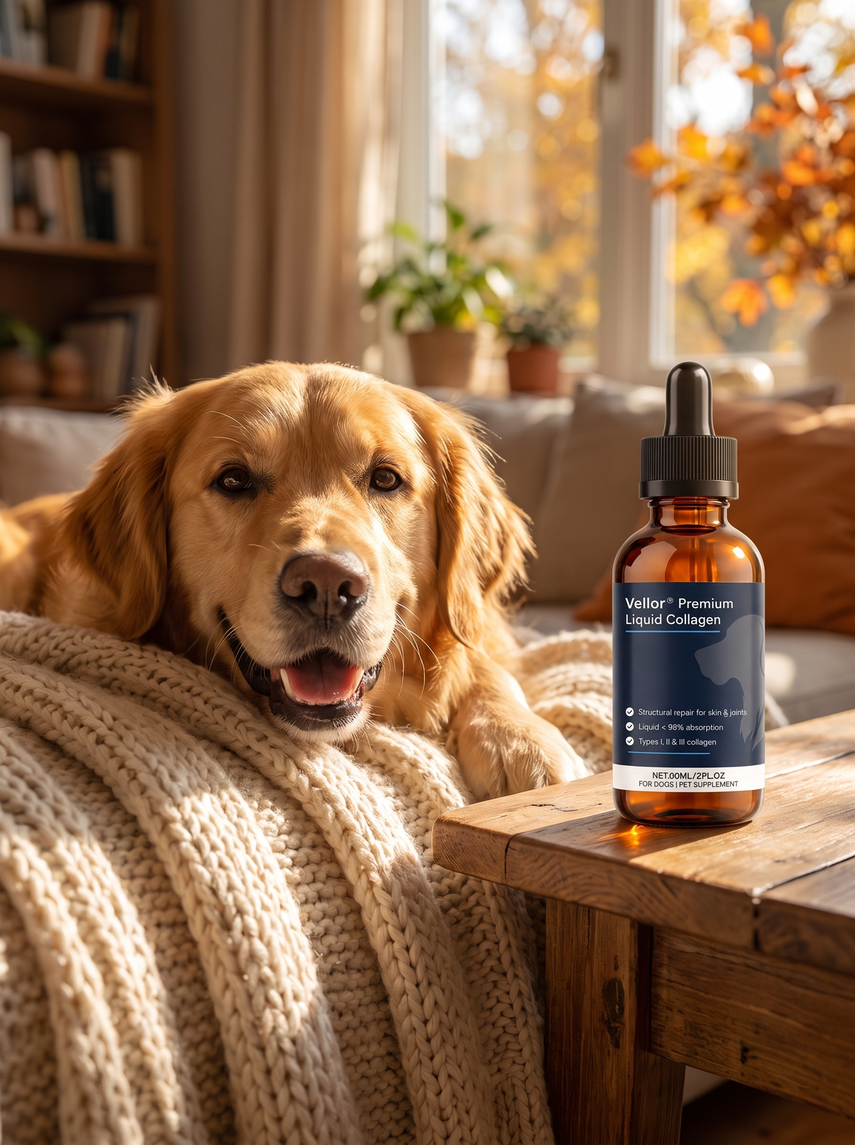 Golden retriever resting beside Vellor